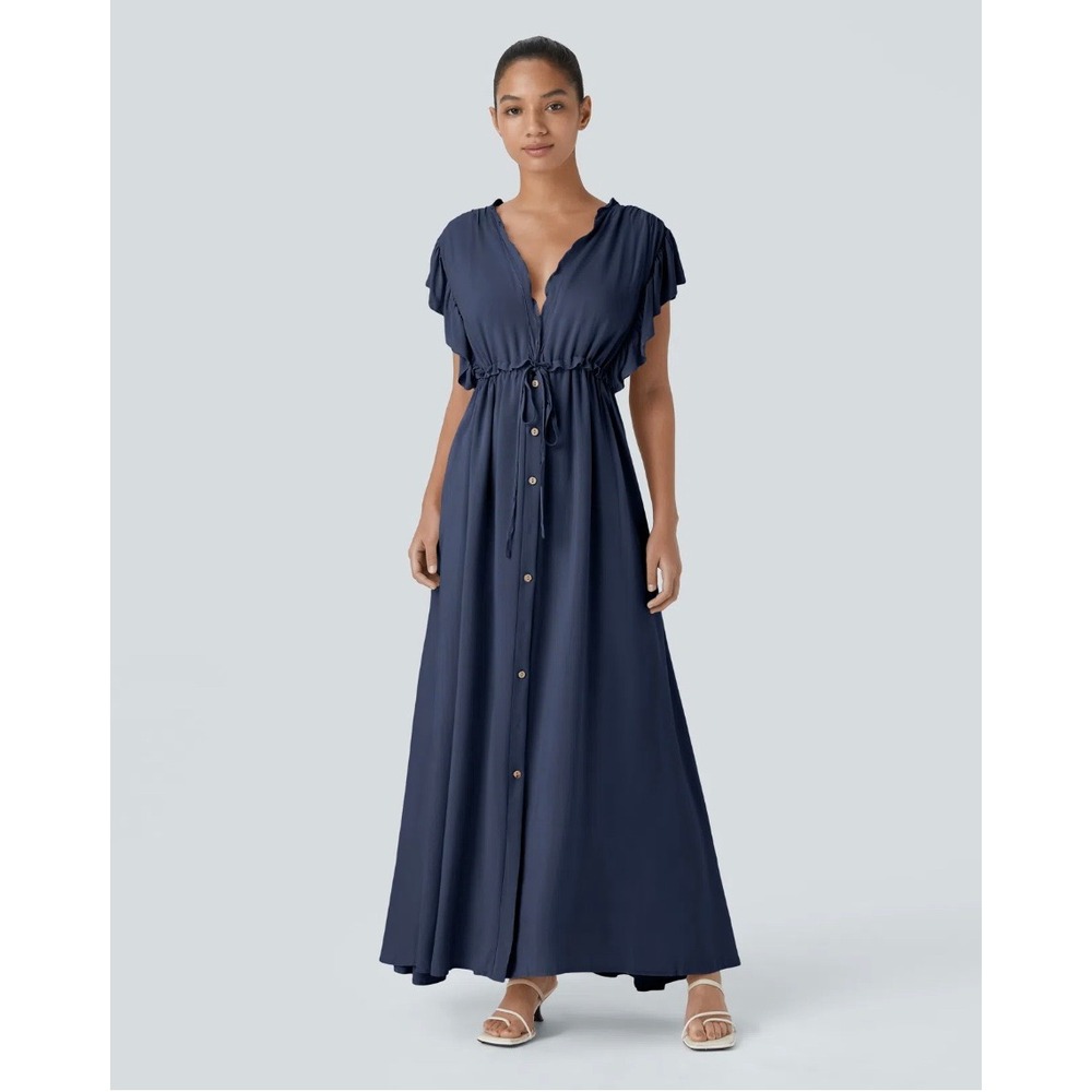 Halara Breezeful Flutter Sleeve V-Neck Button Front Maxi Dress Navy Blue XS NWOT